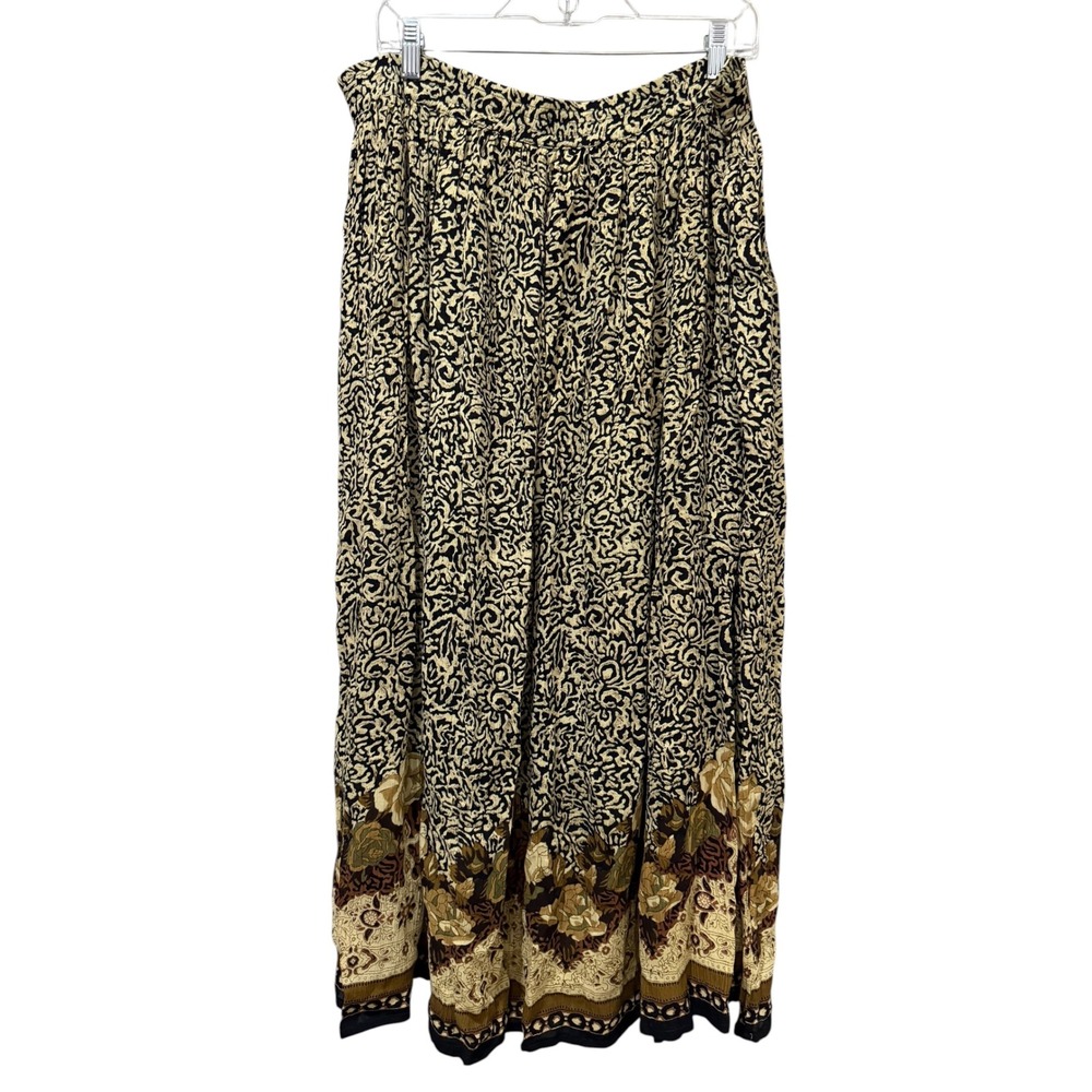 Jane Ashley Vintage Floral Border Print Rayon Maxi Skirt Tan Black XL